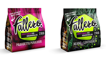 Fallero Paahdettu punajuuri 210 g ja Fallero Herne - Lehtikaali 210 g pakkaukset.
