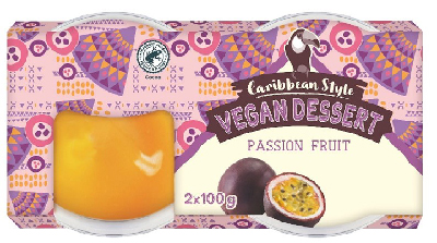 Veganska passionsfruktsdesserten Caribbean Style Vegan Dessert Passion Fruit förpackning.