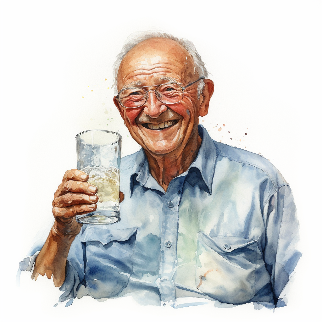 Kuvassa ikääntyneelle miehellä on lasi vettä kädessään.
