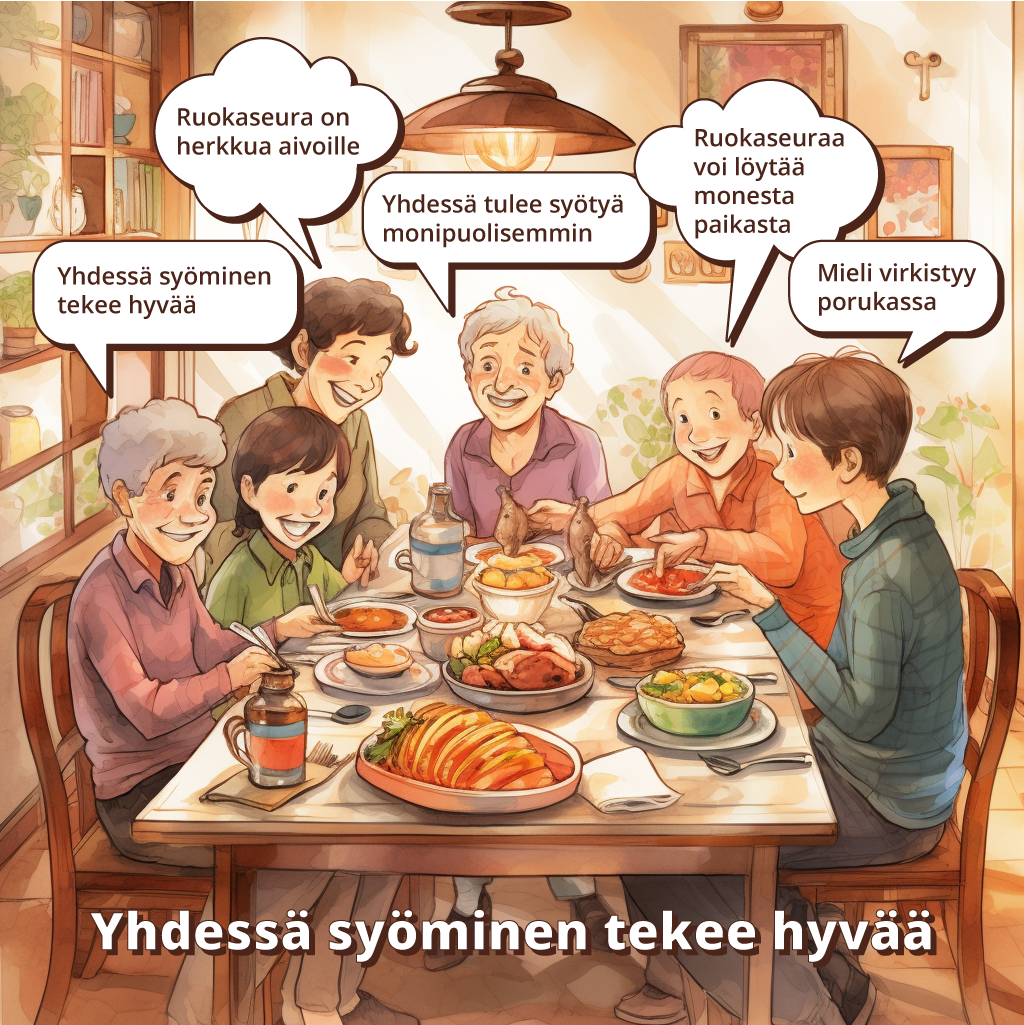 Kuvassa perheen sukupolvet ovat kokoontuneet yhteisen pöydän ääreen syömään ja keskustelevat siitä, mitä hyvää yhdessä ruokailusta seuraa.