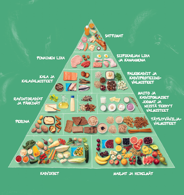 Ruokapyramidi, jossa ruokia suositellaan käyttömäärän ja -tiheyden perusteella. Ruokavalion perustan muodostavat kasvikset, marjat ja hedelmät. Niiden yläpuolella ovat täysjyväviljatuotteet ja peruna. Seuraavana tulevat maitotuotteet, ravintorasvat ja pähkinät. Niiden yläpuolella ovat kala ja palkokasvit. Seuraavana punainen liha, siipikarjanliha sekä kananmuna ja ylimpänä vain harvoin ja vähän syötävät sattumat