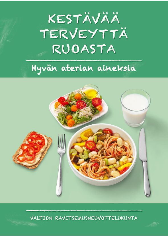 Lautasmalli papucaponata-annoksesta. Annokseen kuuluu lasi rasvatonta maitoa tai piimää, täysjyväleipä kasvirasvalevitteellä sekä marjajälkiruoka.