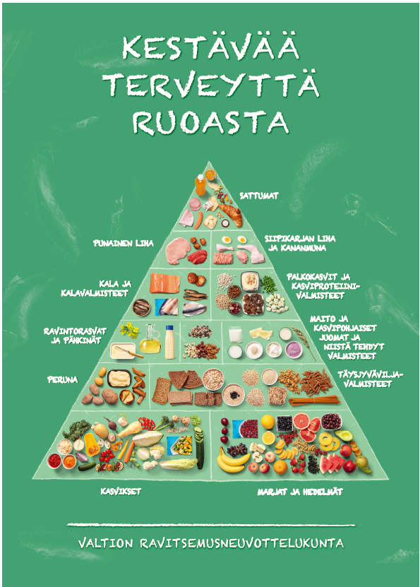 Ruokapyramidi julisteessa ruoka-aineet on ryhmitelty pyramidin eri tasoille suositeltavan käyttömäärän ja käyttötiheyden mukaan. Pohjalla olevia syödään runsaasti ja päivittäin, huipulta vähemmän ja harvoin. Ruokapyramidin perustan muodostavat kasvikset, hedelmät ja marjat. Seuraavan pyramidissa ovat täysjyväviljavalmisteet ja peruna. Näiden yläpuolella ovat ravintorasvat, pähkinät ja siemenet sekä maitotuotteet. Seuraavana kala ja palkokasvit. Toisiksi ylimpänä ovat punainen liha, siipikarjan liha ja kananmunat ja ylimpänä sattumat, joita tulisi syödä vähän ja harvoin.