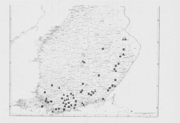 Perunasyövän levinneisyys kunnittain vuoden 1954 lopussa.