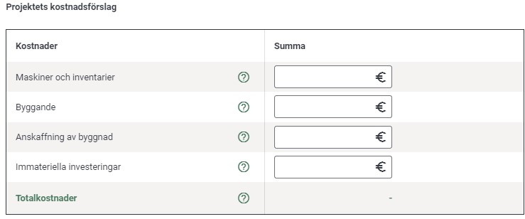 Bild av en Kostnadskalkyltabell för ett investeringsprojekt som söker Projektstöd