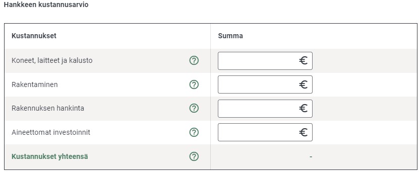 erään Hanketuen Kustannusarvio-taulukko