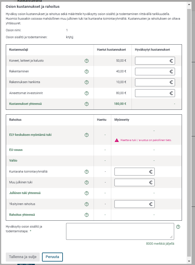 Osion kustannukset ja rahoitus