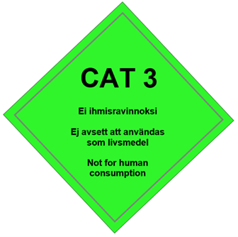 Kuva lk 3 sivutuote merkki. Kärjellään seisova vihreä neliö, jossa lukee CAT 3 - Ei ihmisravinnoksi - Ej avsett att användas som livsmedel - Not for human consumption.