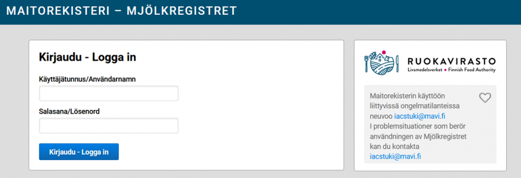 Kuvakaappaus Maitorekisteristä kohdasta Kirjaudu