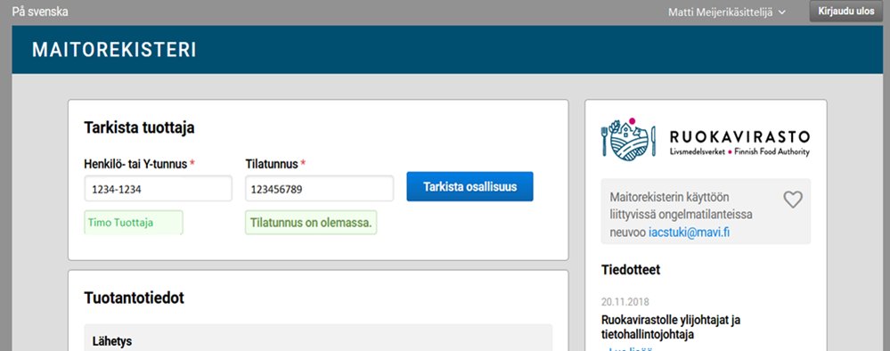 Kuvakaappaus Maitorekisteristä kohdasta Tarkista tuottaja