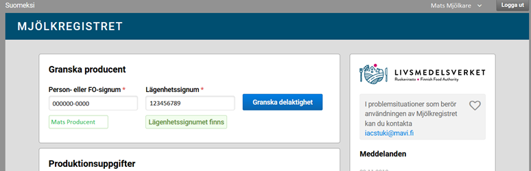 Skärmdump av Mjölkregistret i punkten Granska producent.