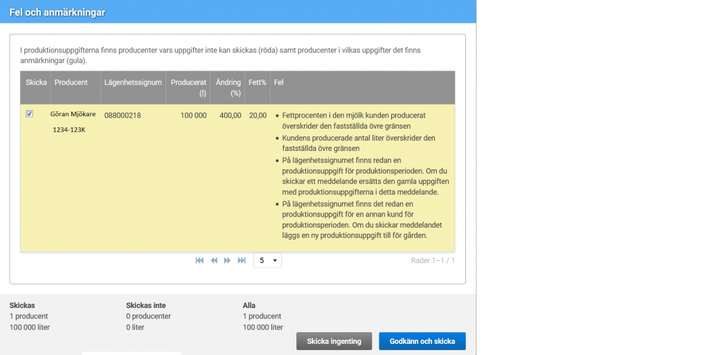 Skärmdump av Mjölkregistret, Produktionsfilens anmärkningar.