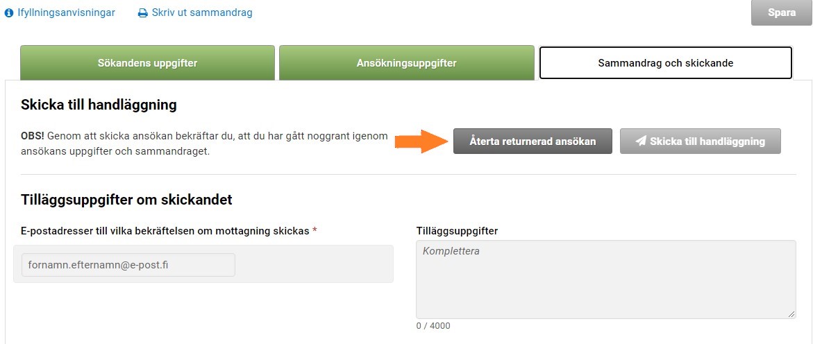 Skärmdump ur Viputjänsten, återtagande av returnerad ansökan