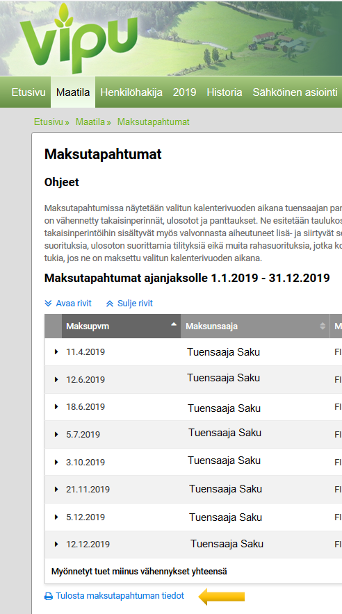 Kuvakaappaus Vipusta, Tu­los­ta mak­su­ta­pah­tu­man tie­dot