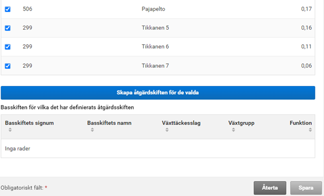 Skärmdump från Viputjänsten, skapa åtgärdsskiften för valda skiften