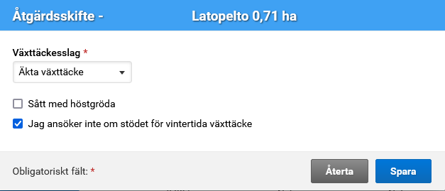 Skärmdump från Viputjänsten, Jag ansöker inte om stödet för vintertida växttäcke