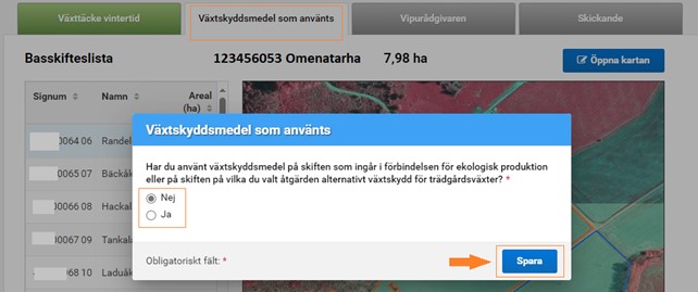 Skärmdump från Viputjänsten, anmäl om du använt växtskyddsmedel på skiftena