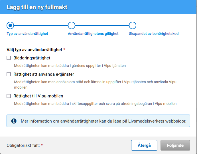 Skärmdump från Viputjänsten, Lägg till en ny fullmakt